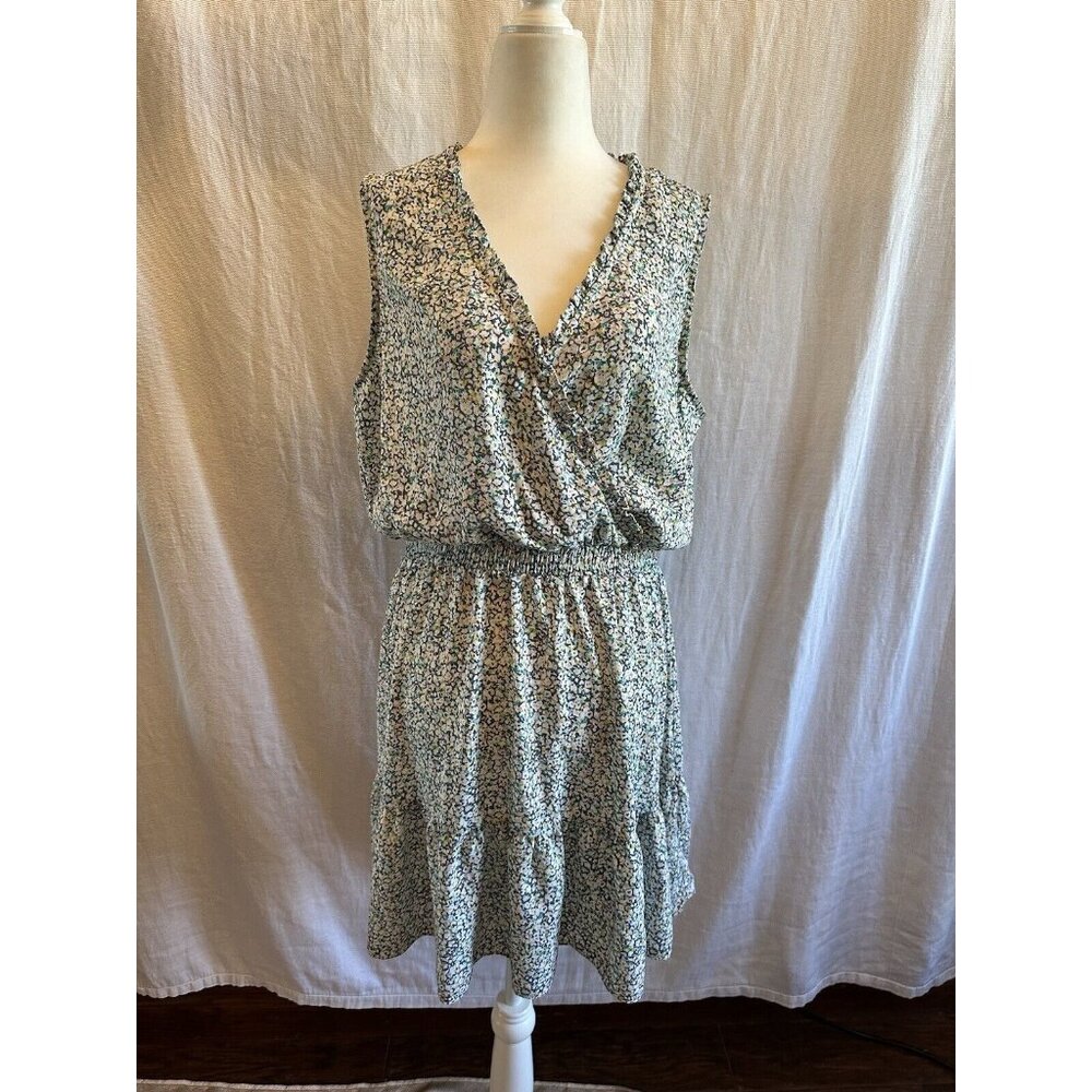 LC Lauren Conrad Blue Pink Floral Sleeveless Faux Wrap Ruffle Tiered Dress Sz L